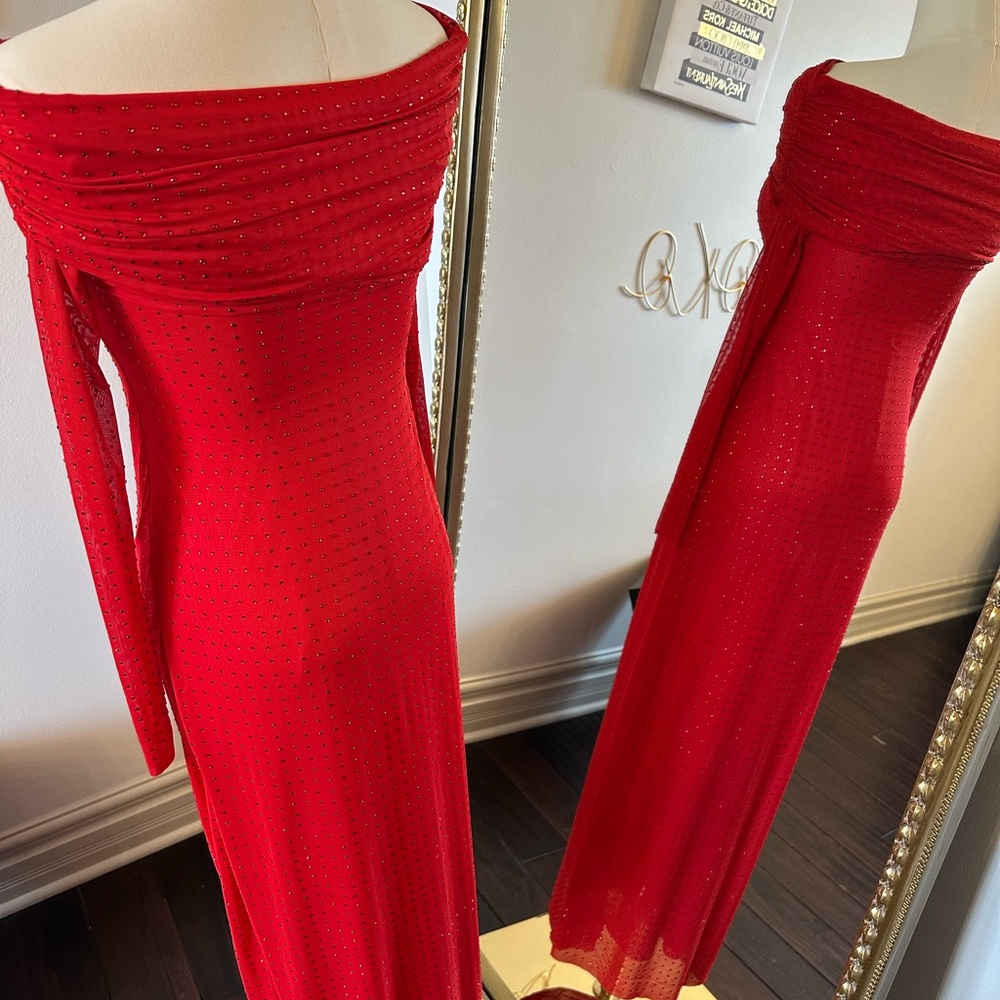 Commense Red Asymmetrical Ruched Long Sleeve Dress